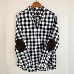 J.Crew Checkered Button Down Shirt size L with Leather Elbow patch.